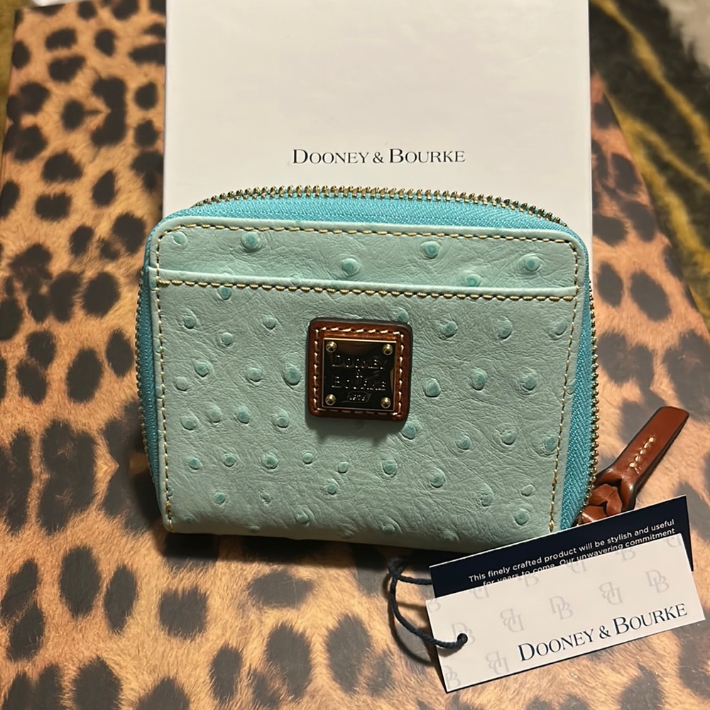 Dooney & Bourke Ostrich small zip around wallet in light aqua!